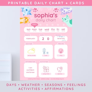 Pequeño gráfico diario + tarjetas, tablero de rutina matutina para niños pequeños, calendario preescolar preescolar, clima, afirmaciones, póster de sentimientos imprimible