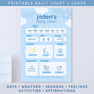 Pequeño gráfico diario + tarjetas, tablero de rutina matutina para niños pequeños, calendario preescolar preescolar, clima, afirmaciones, póster de sentimientos imprimible