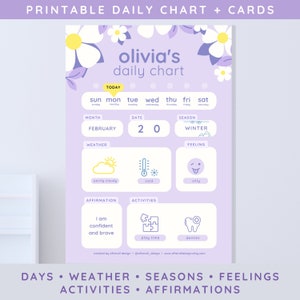 Pequeño gráfico diario + tarjetas, tablero de rutina matutina para niños pequeños, calendario preescolar preescolar, clima, afirmaciones, póster de sentimientos imprimible