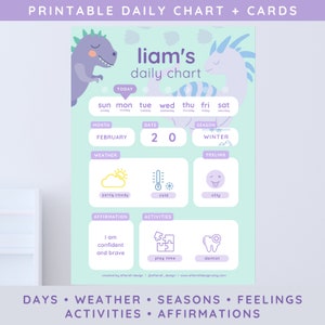Pequeño cuadro diario con tarjetas, tablero de rutina matutina para niños pequeños, calendario preescolar, póster imprimible con el clima, afirmaciones y sentimientos.