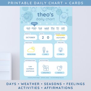 Pequeño gráfico diario + tarjetas, tablero de rutina matutina para niños pequeños, calendario preescolar preescolar, clima, afirmaciones, póster de sentimientos imprimible