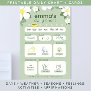 Pequeño gráfico diario + tarjetas, tablero de rutina matutina para niños pequeños, calendario preescolar preescolar, clima, afirmaciones, póster de sentimientos imprimible