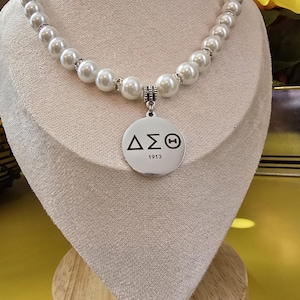 Delta Sigma Theta beaded pearl sorority necklaces available in gold & silver
