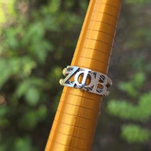 Könnte beinhalten: Ein silberner Ring mit den Buchstaben ZDB, der auf einem goldfarbenen Ringmaßstab liegt. Der Ring ist im Fokus, mit einem verschwommenen grünen Hintergrund aus Blättern. Der Ringmaßstab hat eine konische Form.