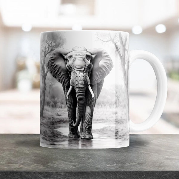 Elephant Sublimation Design for 12oz Coffee Mugs, Mug Template, Mug Design, Cricut Mug Press, Plantilla Sublimacion, Cool Black & White Art