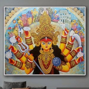 Original Maa Durga Canvas Painting Hindu Goddess Original Artwork Hand-painted Divine Indian Mythology Decor Spiritual Wall Art