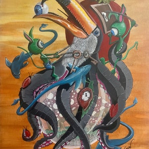 Surrealism Lowbrow style wall art prints from original acrylic painting great gift idea for Christmas or any holiday.