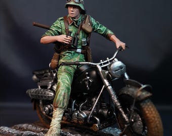 Hand-Painted 3D Resin Soldier Figure on Motorcycle | WWII Military Diorama | Handmade SLA Resin Model
