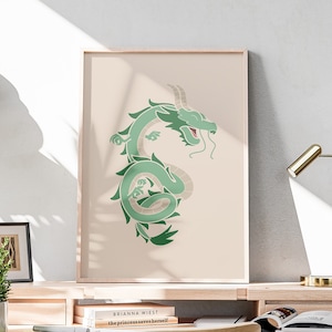 Minimalist Chinese Dragon Printable Art Digital Download Chinese Dragon Poster Green Dragon Wall Art Oriental Print Asian Inspired Decor Art