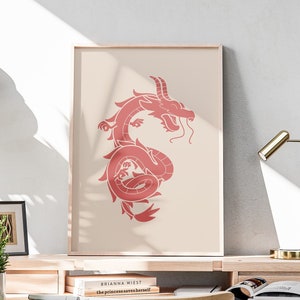 Minimalist Chinese Dragon Printable Art Digital Download Chinese Dragon Poster Red Dragon Wall Art Print Oriental Print Asian Inspired Decor