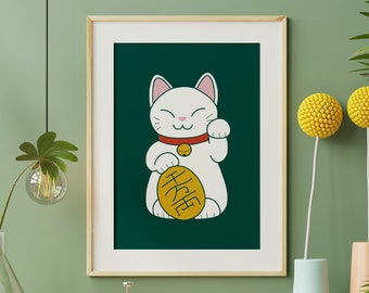 Japonés Lucky Cat Wall Art Minimalist Wall Art Color Lindo Kawaii Moderno Wall Art Chino Lucky Cat Japonés Maneki Neko Arte para los amantes de los gatos