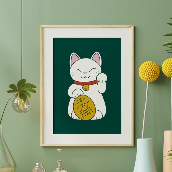 Japanese Lucky Cat Wall Art Minimalist Wall Art Colour Cute Kawaii Modern Wall Art Chinese Lucky Cat Japanese Maneki Neko Art For Cat Lovers