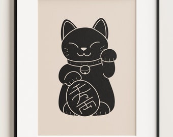 Japonés Lucky Cat Impresión minimalista arte de la pared lindo gato ilustración negro apagado blanco moderno arte de la pared japonés Maneki Neko para los amantes de los gatos regalo