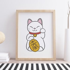 Japanese Lucky Cat Print Japanese Maneki Neko Poster Asian Lucky Cat Art Modern Wall Art Minimalist Wall Art For Cat Lovers Digital Download