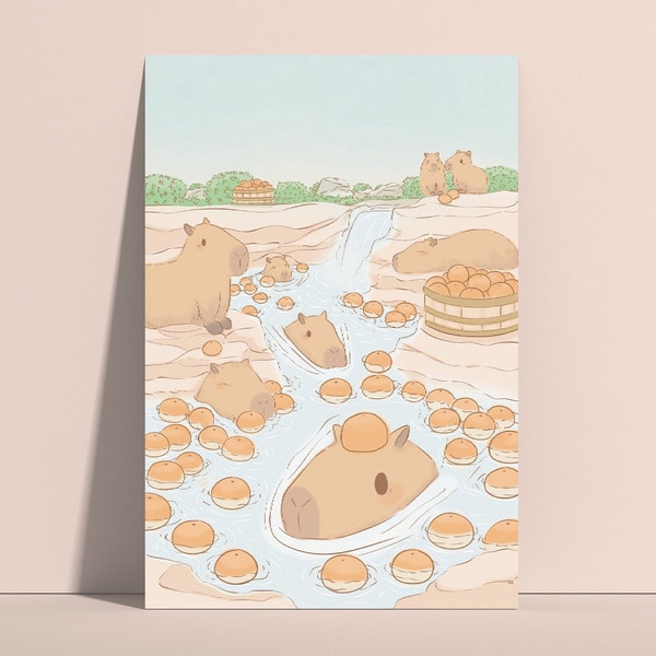 Capybara Mandarin Onsen Printable Art Download Cute Animal Nursery Wall Art Swimming Pool Spa Cute Capybara Digital Print Art Capybara Gift