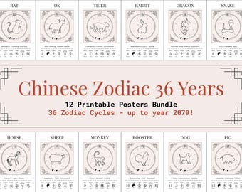 Chinese dierenriemprintbundel met jaren tot 2079 Chinese horoscoop en astrologie kunstposter digitale download