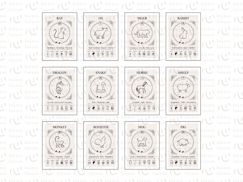 Chinese Zodiac Print Bundle Chinese Zodiac Bundle 5x7" Zodiac Card Chinese Astrology Print Boho Art Chinese Horoscope Print Digital Download
