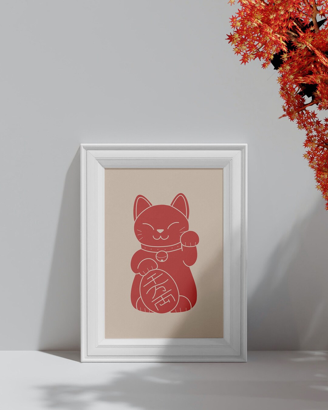 Lucky Cat Print Minimalist Wall Art Lucky Cute Cat Kawaii Illustration Japanese Maneki Neko ...