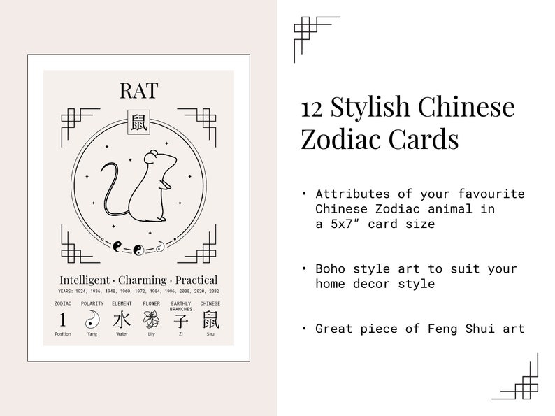 Chinese Zodiac Print Bundle Chinese Zodiac Bundle 5x7" Zodiac Card Chinese Astrology Print Boho Art Chinese Horoscope Print Digital Download