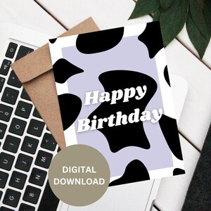 Cartão de feliz aniversário para impressão, download de arte digital, amor de animal de vaca, presente de aniversário, saudações