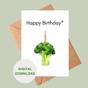Biglietto di buon compleanno, download digitale, torta divertente stampabile con broccoli, amore per gli animali per lei o per lui biglietto di auguri, intolleranza al lattosio