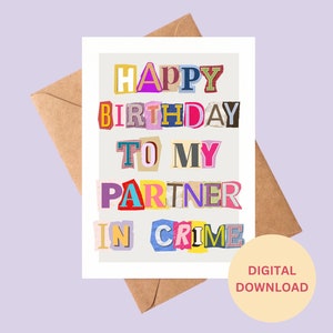 Druckbare Happy Birthday Karte, Partner in Crime, digitaler Download, Geburtstagsgeschenk, Grüße, lustige Grußkarte
