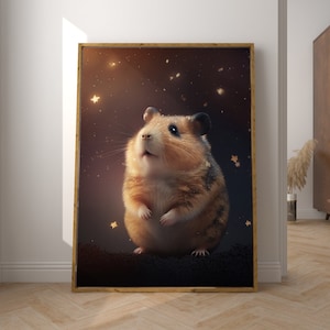 Dreamy Hamster Children & Baby Printable Poster for Nursery Decor - Handmade Digital Wall Art with Starry Sky, Animal Love for Kids Room