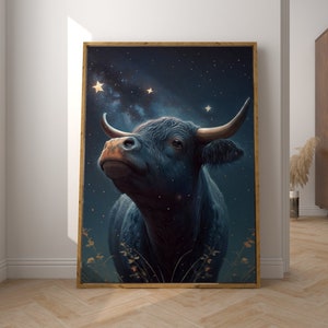 Verträumter Ochse Kinder & Baby Poster für Kinderzimmer - handgemachte digitale Wandkunst mit Sternenhimmel - Tierliebe für Kinderzimmer, vegan