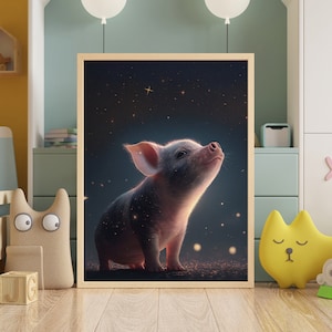 Dreamy Smiling Pig Children & Baby Printable Poster for Nursery Decor - Handmade Digital Wall Art with Starry Sky, Animal Love for Kids Room