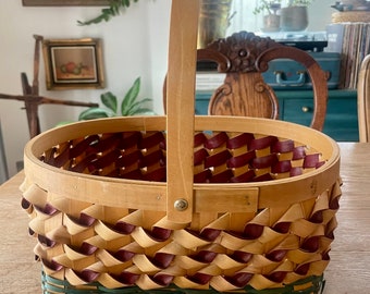 Vintage Maroon & Green Woven Basket with Handle