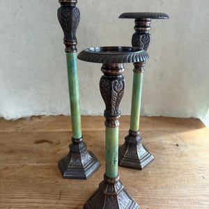 Vintage set of 3 green metal candle holders