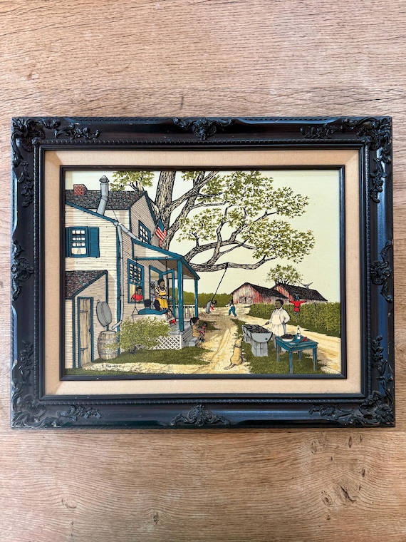 Vintage H. Hargrove Serigraph: African Americana Art, Carved Wood Frame