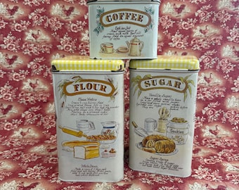 Vintage 1970s Cheinco Harvest Pattern Flour, Sugar, Coffee Metal Containers in Yellow