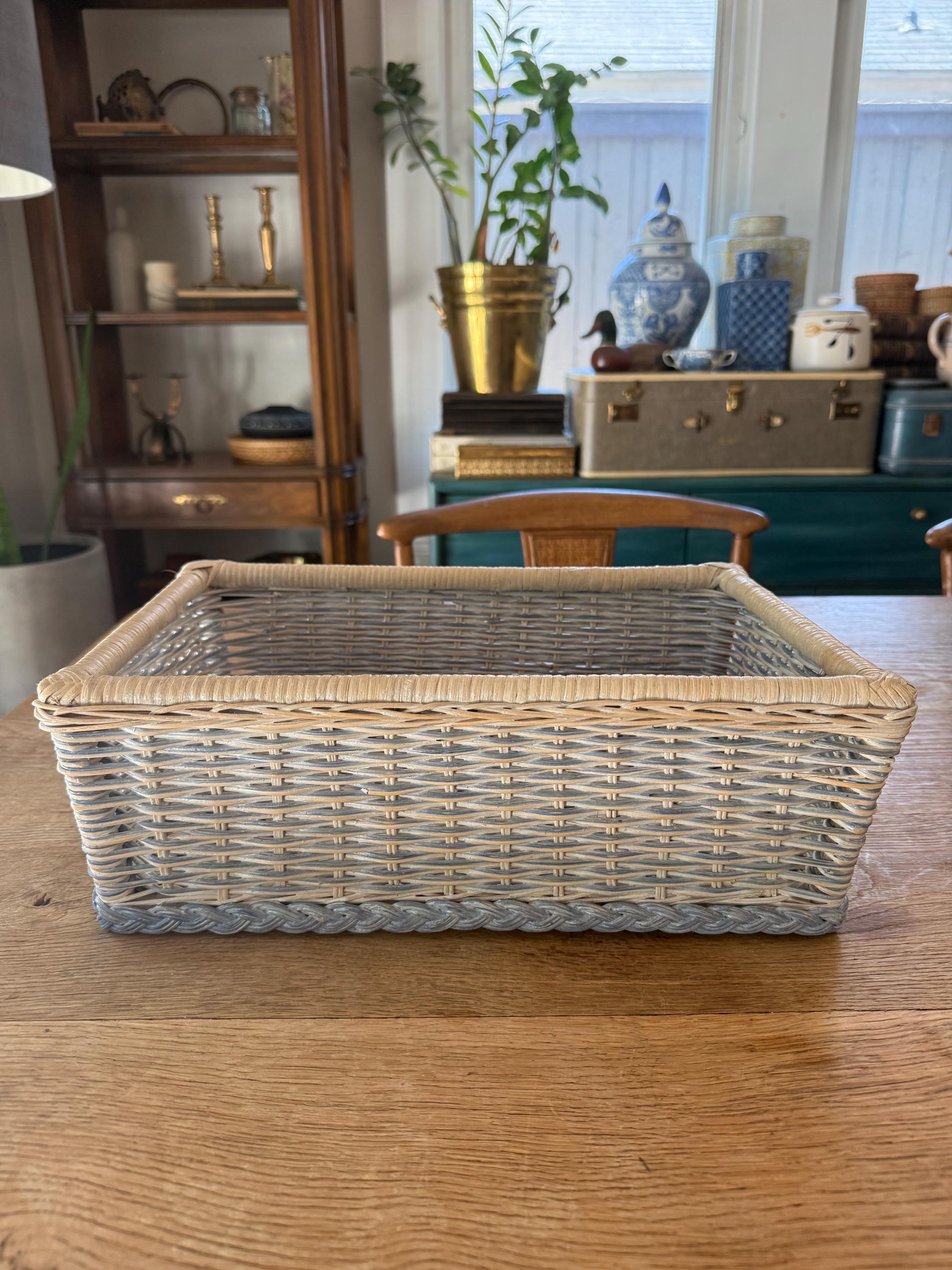 Vintage Woven Powder Blue Rectangular Basket