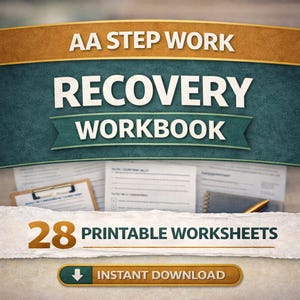 Może przedstawiać: Podręcznik zatytułowany "AA Step Work Recovery Workbook" z tekstem "28 arkuszy do wydruku" i "Natychmiastowe pobieranie". Projekt zawiera turkusowo-złoty baner z białym tytułem i brązowym przyciskiem.