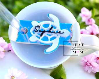 Iridescent Turtle Stanley Topper: Personalized H2.0 Tumbler Plate, Beach Name Plate
