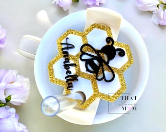Personalized Stanley H2.0 Tumbler Topper: Glitter Bee Hive, Gold Acrylic
