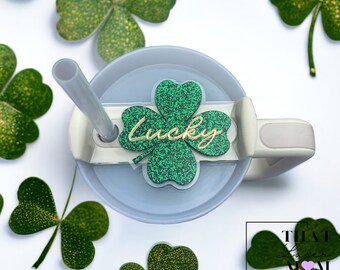 Adorno para vaso Stanley con trébol de la suerte personalizado: placa con brillantina, H2.0, Día de San Patricio