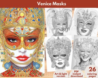 Venice Masks Coloring Book Printable coloring page for Adult Coloring Book Digital download grayscale coloring page
