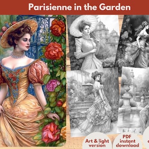 Parisienne in the Garden Coloring Book Printable coloring page for Adult Coloring Book Digital download grayscale coloring page