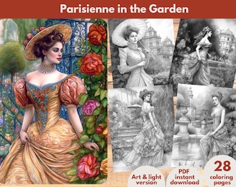 Parisienne in the Garden Coloring Book Printable coloring page for Adult Coloring Book Digital download grayscale coloring page