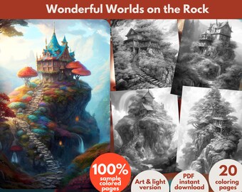 Wonderful Worlds on the Rock Coloring Book Printable coloring page for Adult Coloring Book Digital download grayscale coloring page