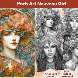 Paris Art Nouveau Girl Coloring Book Printable coloring page for Adult Coloring Book Digital download grayscale coloring page