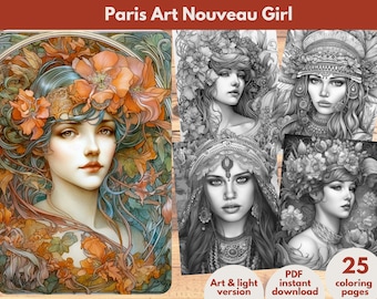 Paris Art Nouveau Girl Coloring Book Printable coloring page for Adult Coloring Book Digital download grayscale coloring page