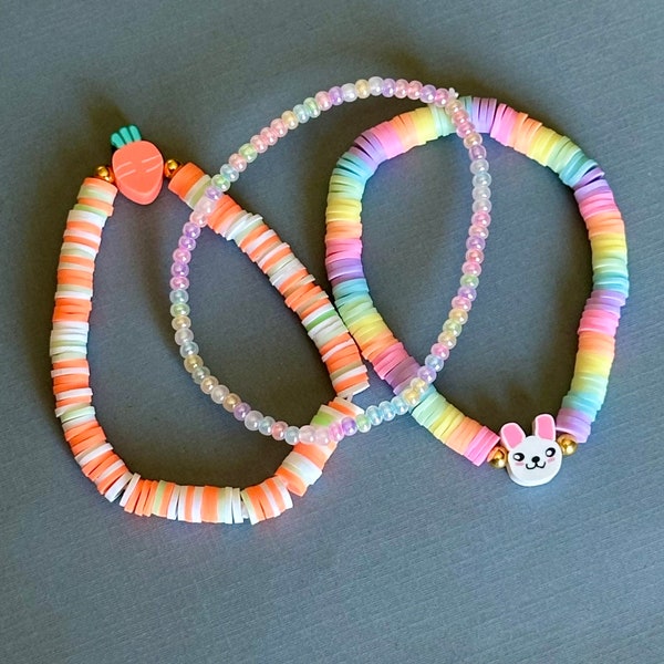 Spring Bracelet Stack | Easter Bracelet Set | Carrot Clay Bead Stretch Bracelet | Bunny Clay Bead Bracelet | Pastel Seed Bead Bracelet