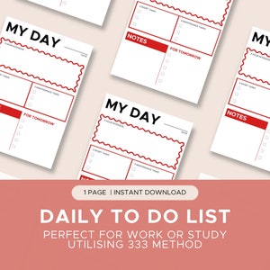 Op de afbeelding: Een printbare dagelijkse takenlijst met de titel "My Day" in vetgedrukte rode tekst. De sjabloon is ontworpen om gebruikers te helpen hun dag te organiseren met behulp van de 333-methode, waarbij tijd wordt toegewezen aan drie intensieve taken van 1 uur, drie korte taken en drie onderhoudswerkzaamheden. De sjabloon bevat ook secties voor notities en taken die morgen moeten worden voltooid.
