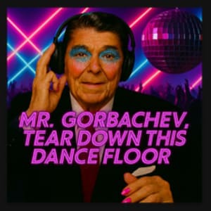 May include: A digitally altered image featuring a man wearing headphones and makeup, with the text "MR. GORBACHEV, TEAR DOWN THIS DANCE FLOOR" in pink neon. A disco ball and neon lights are in the background.
