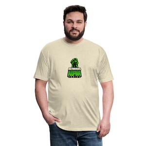 May include: A light beige t-shirt with a green fist graphic and the text "Nefarious Alpha Comics".