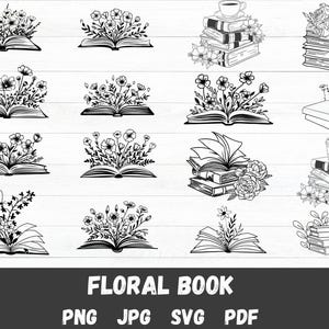 Floral Book SVG, Book Svg bundle, Books with Flowers Svg, Reading book Svg, wildflowers book bundle svg ,open book svg, stack of books svg