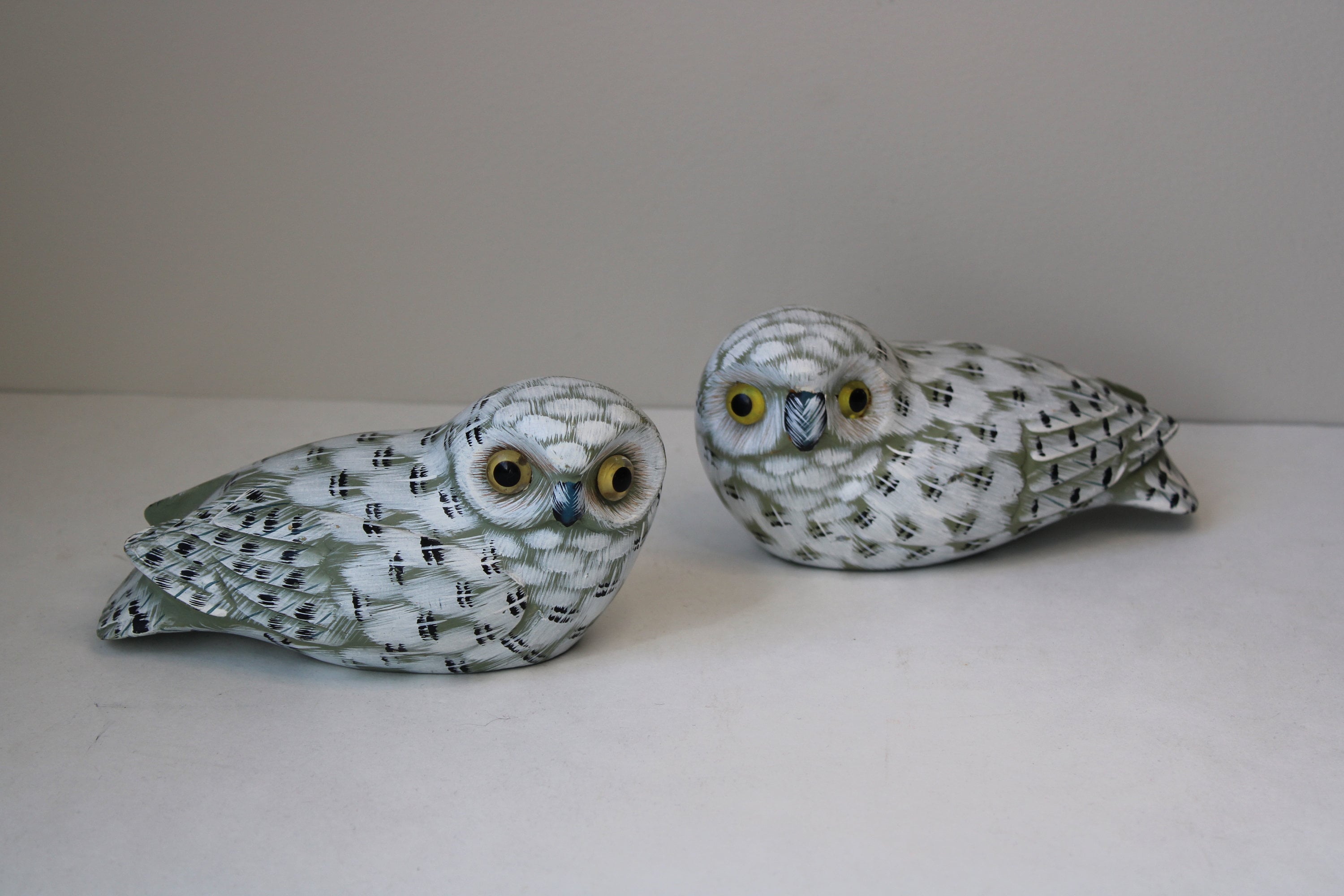 Vintage Carved Wooden Snowy Owl Decoys with Glass Eyes